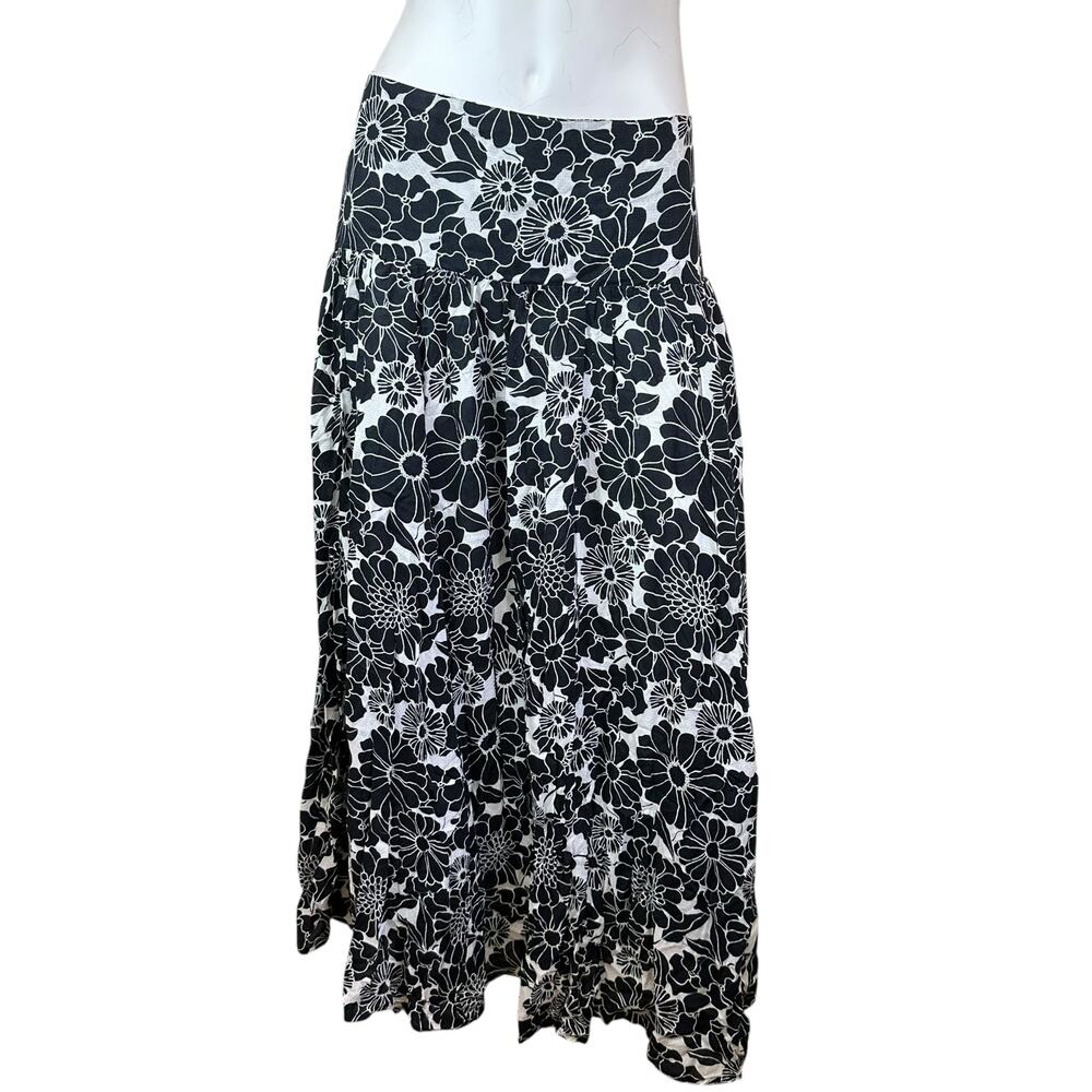 By Anthropologie Black White Floral Tiered Maxi Skirt L